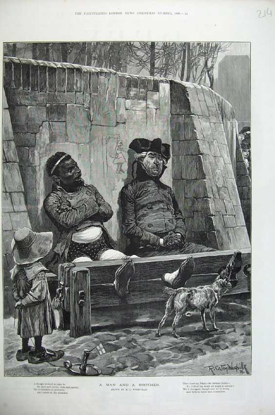 Original Old Antique Print 1886 Woodville Fine Art Men Stocks Dog Little Girl