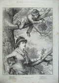 Old Antique Print 1886 Swain Sketch Young Woman Little Boy Mistletoe Tree 19th