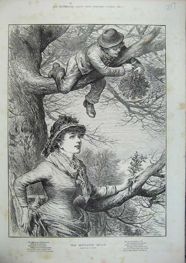 Old Antique Print 1886 Swain Sketch Young Woman Little Boy Mistletoe Tree 19th