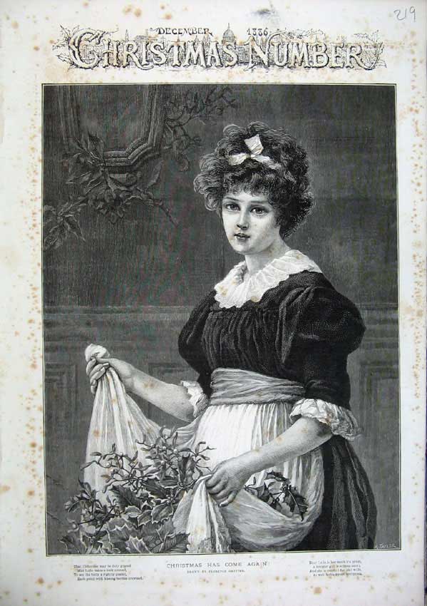 Old Antique Print 1886 Taylor Fine Art Young Woman Maid Christmas Holly 19th