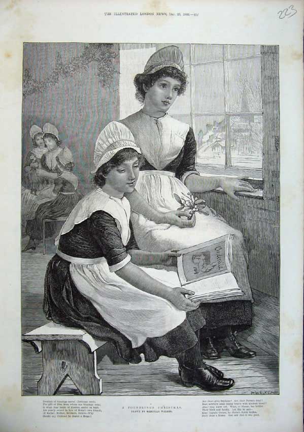 Original Old Antique Print 1886 Walker Christmas Children Mistletoe Book 19th