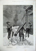 Old Antique Print 1886 Woodville Fine Art Snow Shop Men Trees Buildings 19th