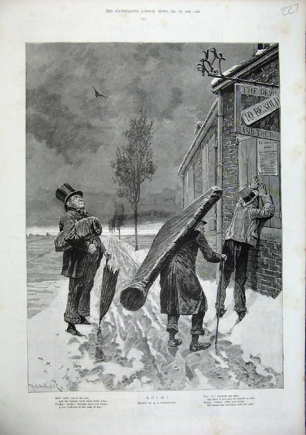Old Antique Print 1886 Woodville Fine Art Snow Shop Men Trees Buildings 19th