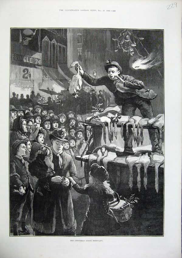 Old Antique Print 1886 Christmas Goose Merchant Man Sale Animals People 19th