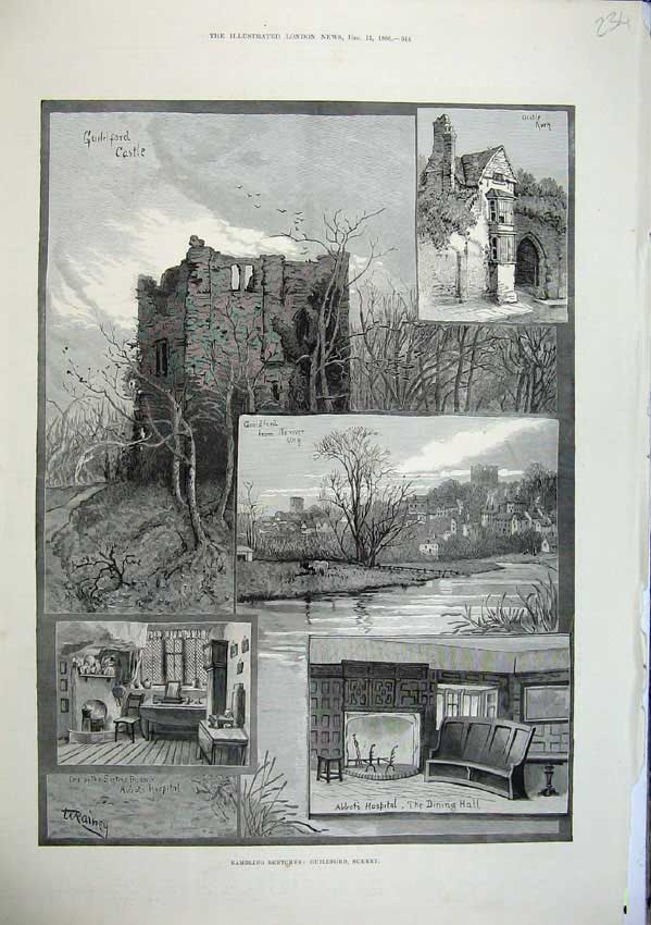 Old Antique Print 1886 Guildford Surrey Castle Arch Abbot'S Hospital Art 19th