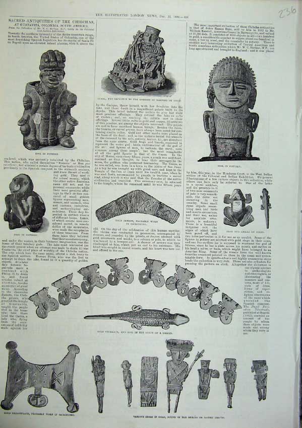 Original Old Antique Print 1886 Chibchas Idol Pottery GArmlet Lizard Guatavita