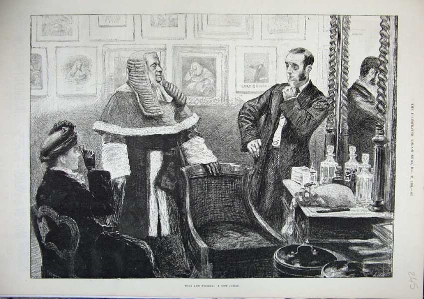 Original Old Antique Print 1886 Fine Art Wig Judge Court Man Woman Table Chair