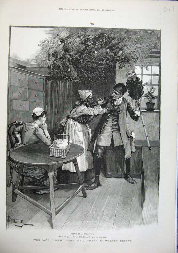Old Antique Print 1886 Forestier Fine Art Servant Lady Man Eye Patch Lady 19th