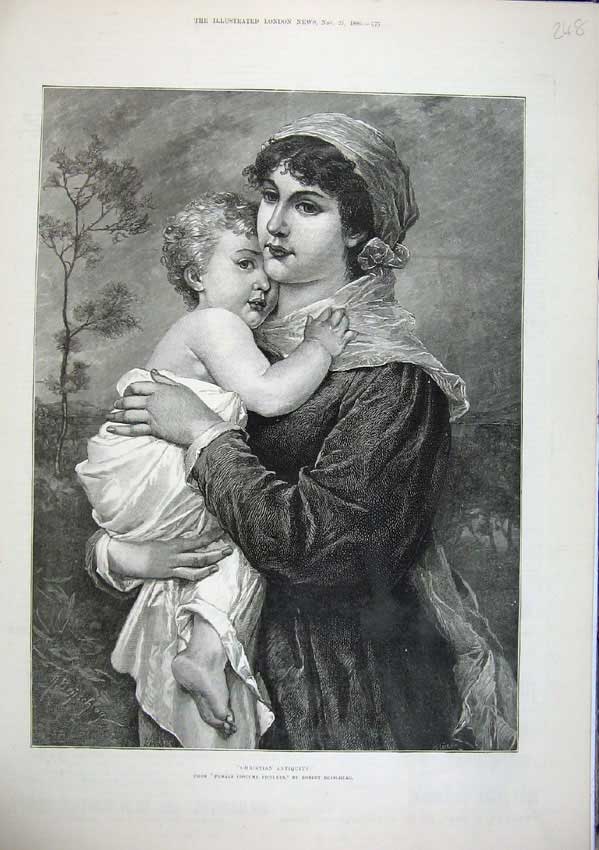 Old Antique Print 1886 Fine Art Portrait Beautiful Woman Little Girl Baby 19th