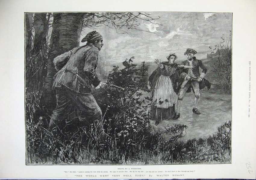 Original Old Antique Print 1886 Forestier Fine Art Man Gun Woman Sword Country
