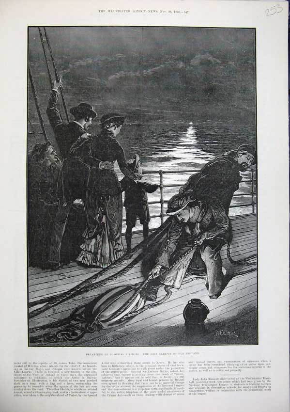 Old Antique Print 1886 Fine Art Ship Departure Colonial Visitors England 19th