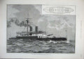 Original Old Antique Print 1886 Ship Benbow Twin-Screw Armoured Plate Barbette