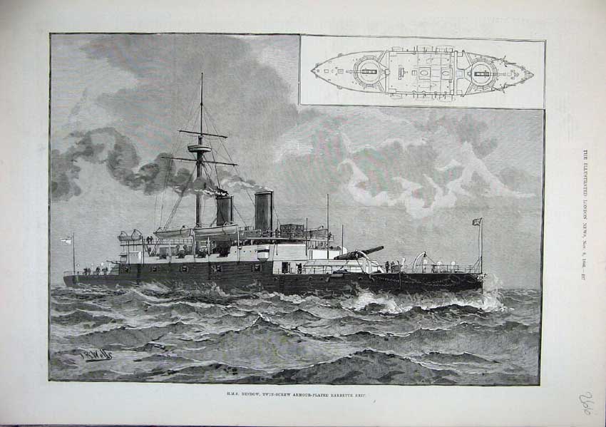 Original Old Antique Print 1886 Ship Benbow Twin-Screw Armoured Plate Barbette