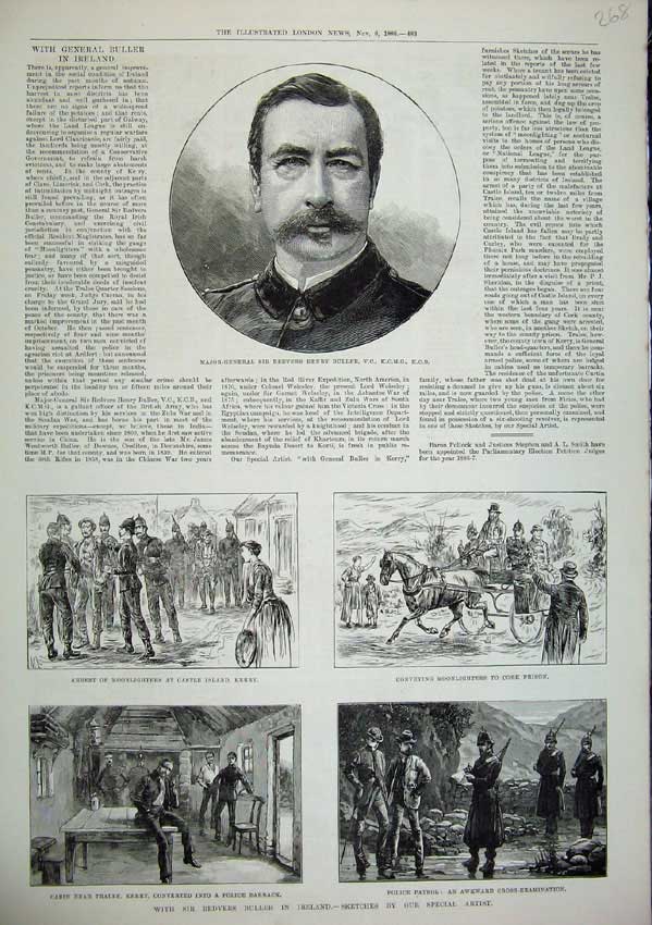 Original Old Antique Print 1886 Major Redvers Henry Buller Ireland Horse Police