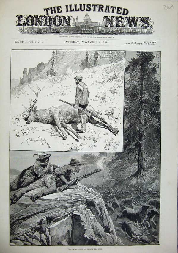 Original Old Antique Print 1886 Fine Art Woodville Wapiti-Hunting North America