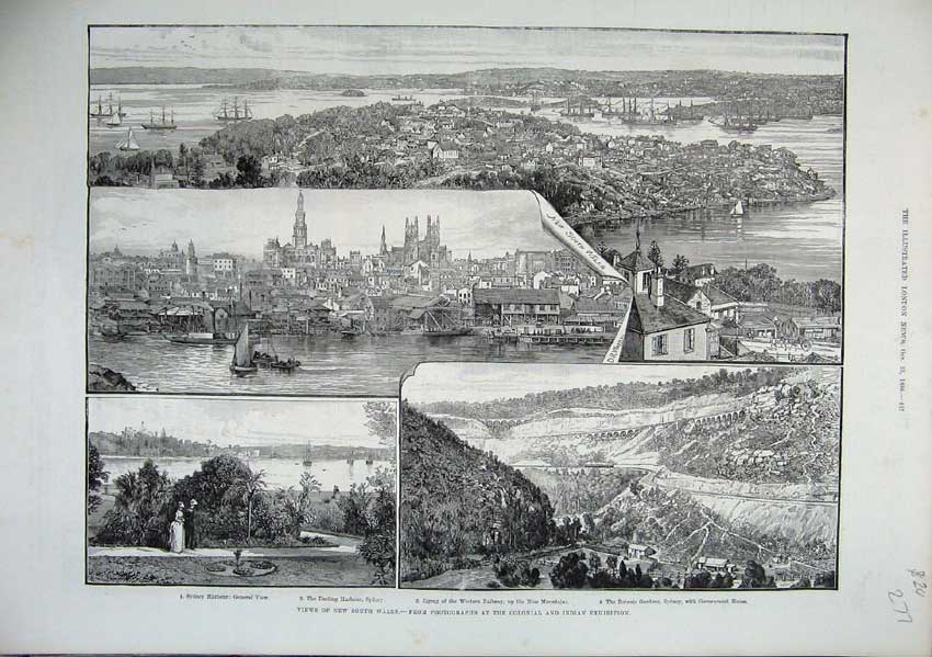Old Antique Print 1886 Australia Sydney Harbour Botanic Gardens Railway 19th