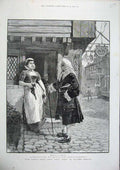 Original Old Antique Print 1886 Fine Art Forestier Brinjes Man Woman Kintting