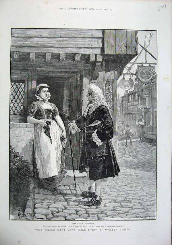 Original Old Antique Print 1886 Fine Art Forestier Brinjes Man Woman Kintting