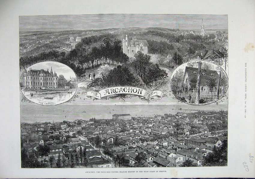 Old Antique Print 1886 View Arcachon Seaside Resort France Chateau Church 19th
