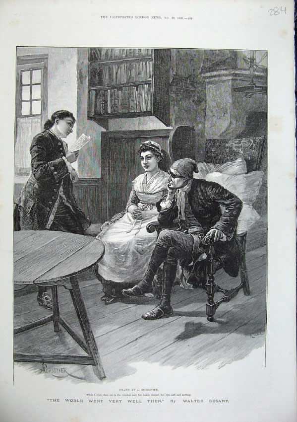 Old Antique Print 1886 Forestier Fine Art Man Reading Woman House Besant 19th