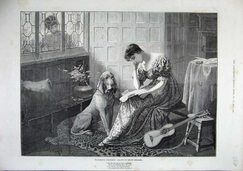 Original Old Antique Print 1886 Edith Berkley Fine Art Woman Dog Music Letter