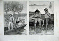 Original Old Antique Print 1886 Fine Art Children River Boat Family Lake Trees