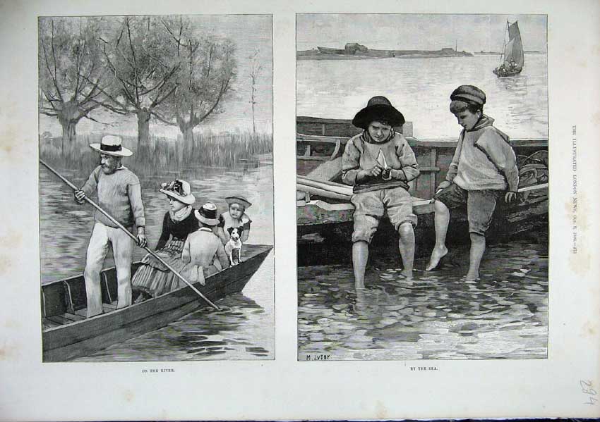 Original Old Antique Print 1886 Fine Art Children River Boat Family Lake Trees