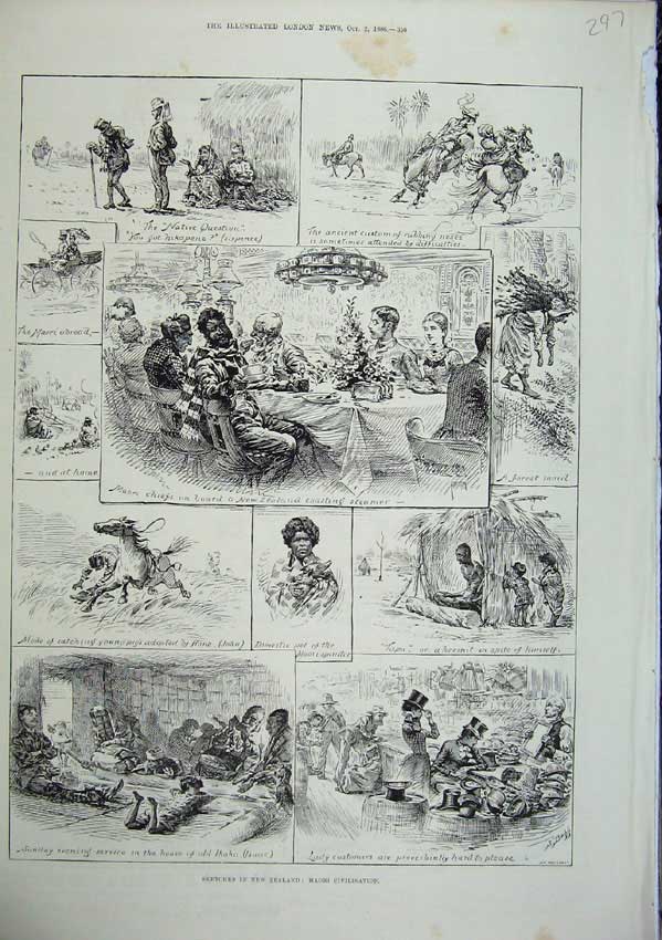 Old Antique Print 1886 New Zealand Maori Civilisation Horses Chiefs Tapa 19th
