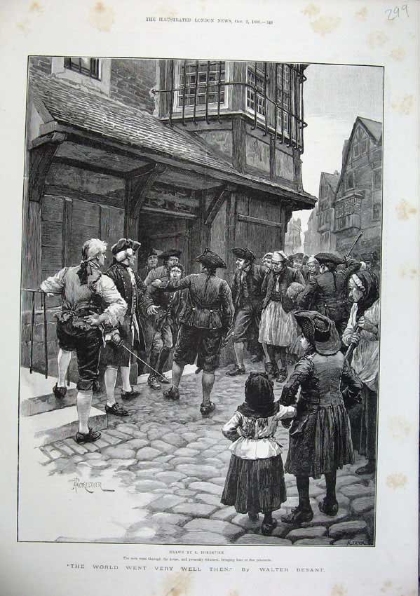 Original Old Antique Print 1886 Forestier Fine Art Street Man Prisoner Houses