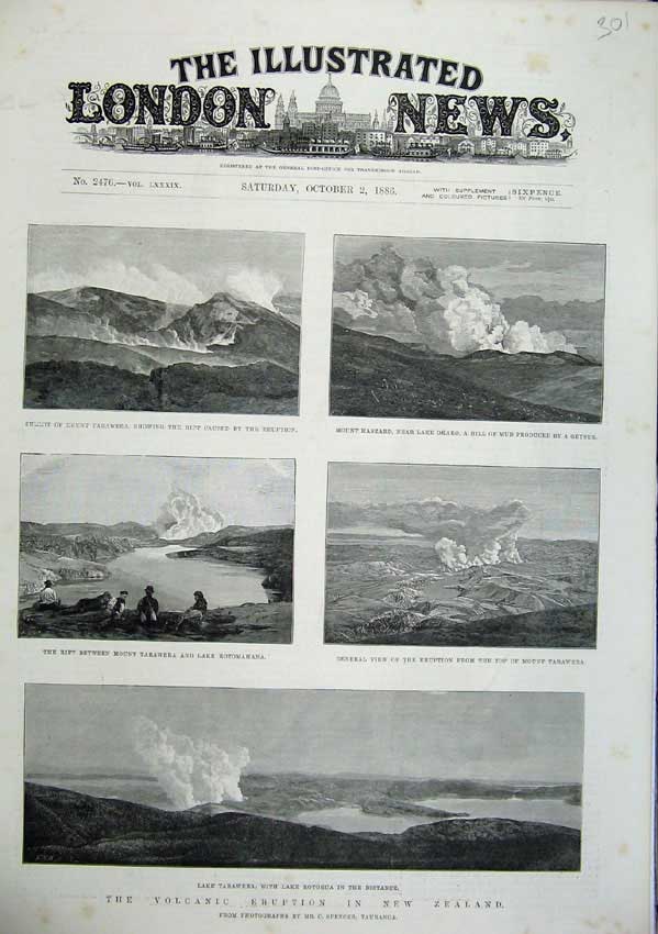 Original Old Antique Print 1886 Volcano New Zealand Mount Tarawera Lake Okaro