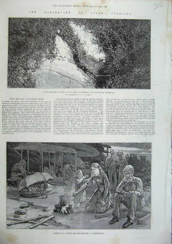 Old Antique Print 1886 Earthquake Carolina America Savannah Railroad Camp 19th