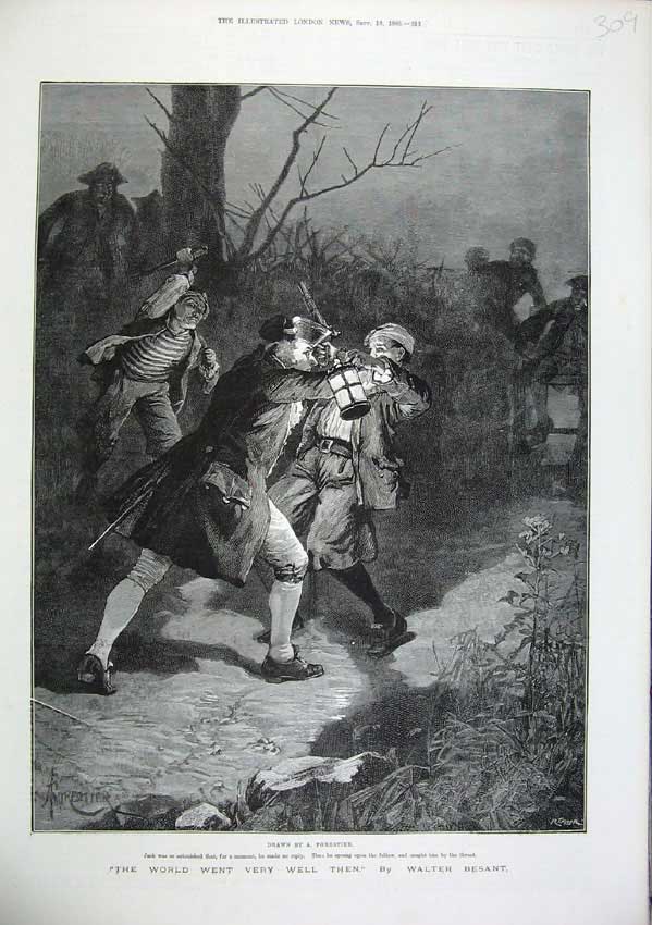 Original Old Antique Print 1886 Forestier Fine Art Man Attacked Road Lamp Gun