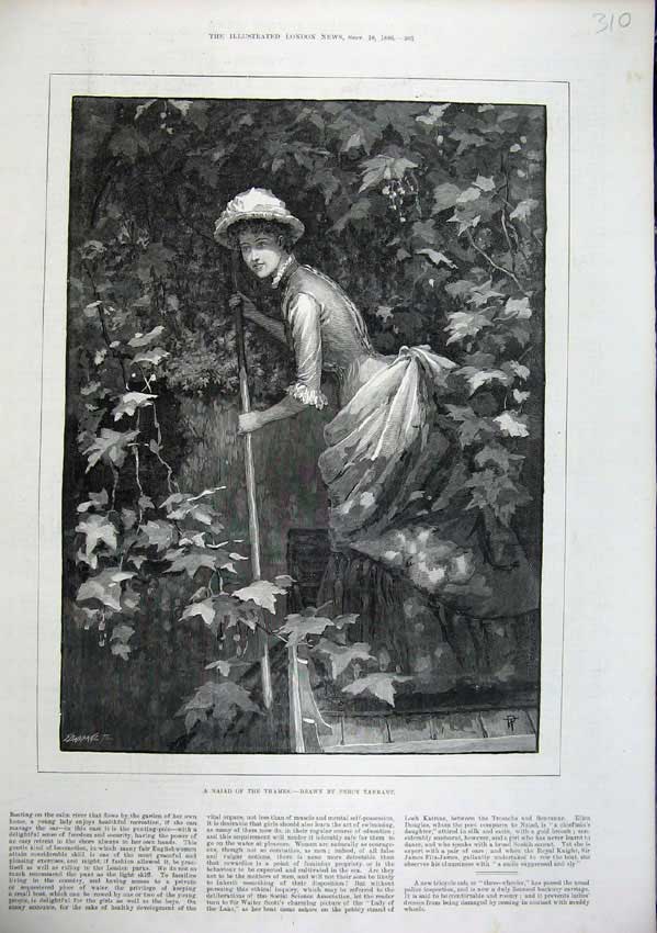 Original Old Antique Print 1886 Percy Tarrant Fine Art Naiad Thames Girl Boat