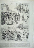 Old Antique Print 1886 Folkestone Garden Hotel Tidal Boat Exhibition Hall 19th