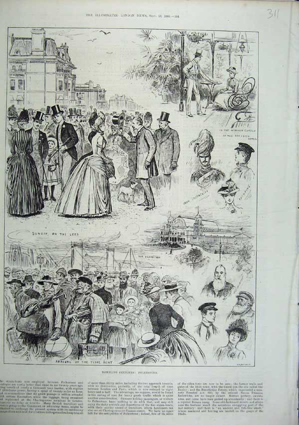 Old Antique Print 1886 Folkestone Garden Hotel Tidal Boat Exhibition Hall 19th