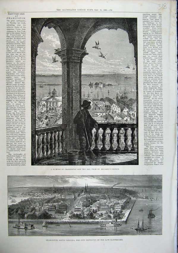 Old Antique Print 1886 View Charleston Michaels Church Earthquake America 19th