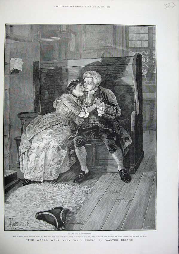 Old Antique Print 1886 Fine Art Forestier Man Woman Romance Walter Besant 19th