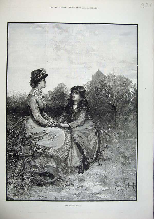 Original Old Antique Print 1886 Fine Art Beautiful Women Sitting Garden Knowles