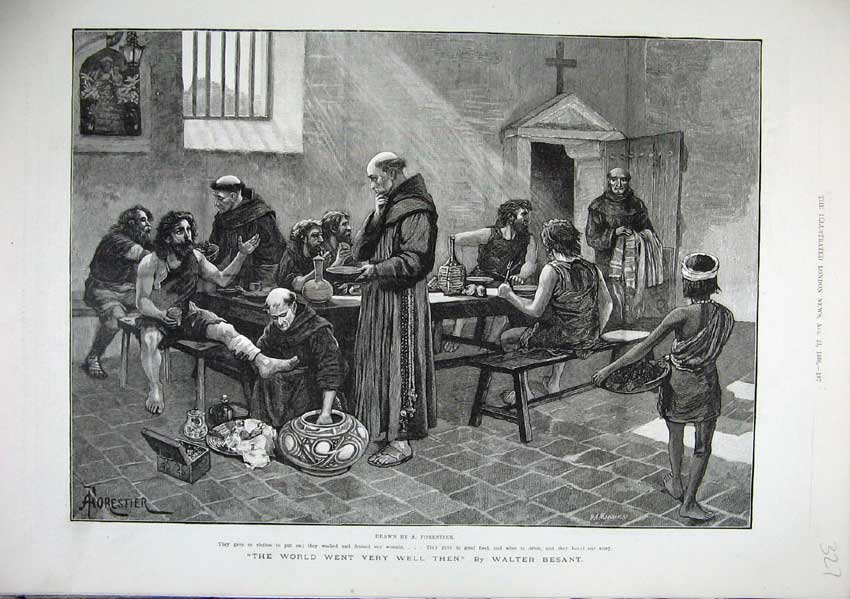 Original Old Antique Print 1886 Forestier Fine Art Monks Beggars Eating Table