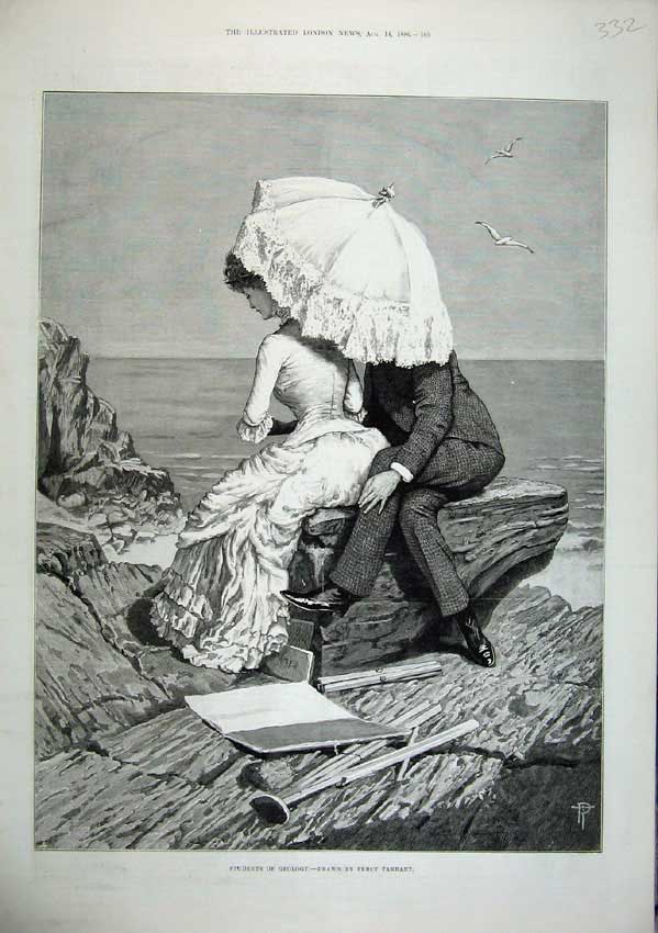 Old Antique Print 1886 Percy Tarrant Drawing Man Woman Sea-Side Geology 19th