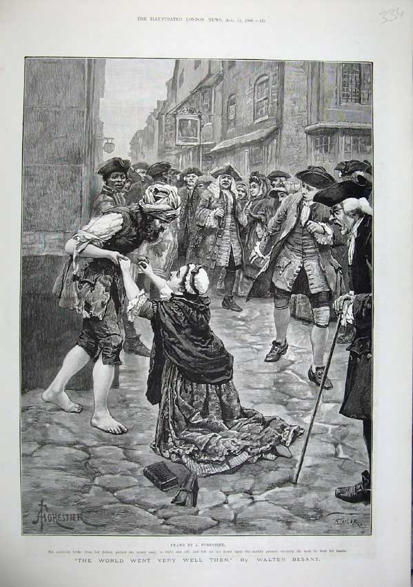 Old Antique Print 1886 Fine Art Forestier Woman Begging Street Men Houses 19th