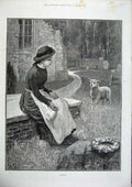 Original Old Antique Print 1886 Fine Art Young Woman Pet Lamb Churchyard Grass