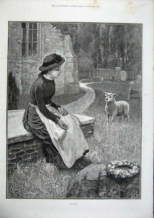Original Old Antique Print 1886 Fine Art Young Woman Pet Lamb Churchyard Grass
