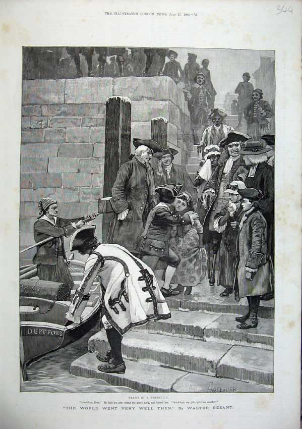 Old Antique Print 1886 Forestier Boat Sea Sailor Children Steps Farewell 19th