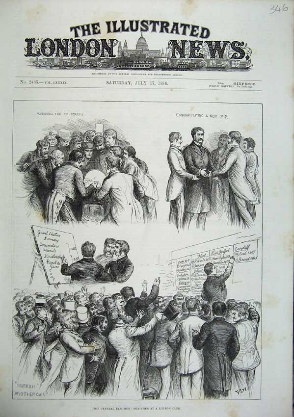Old Antique Print 1886 General Election London Club Men Parliament Voting 19th