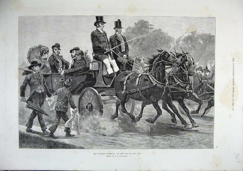 Old Antique Print 1886 Fine Art General Election Horses Carriage People 19th