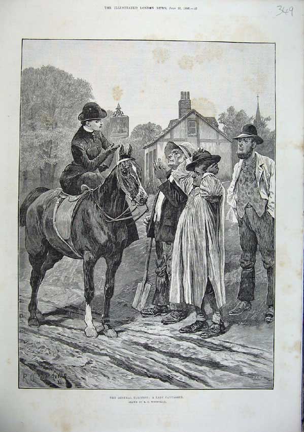 Original Old Antique Print 1886 General Election Lady Canvasser Horse Woodville