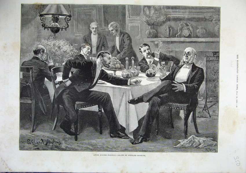 Old Antique Print 1886 Hopkins Fine Art Men Dinner Politics Smoking Table 19th