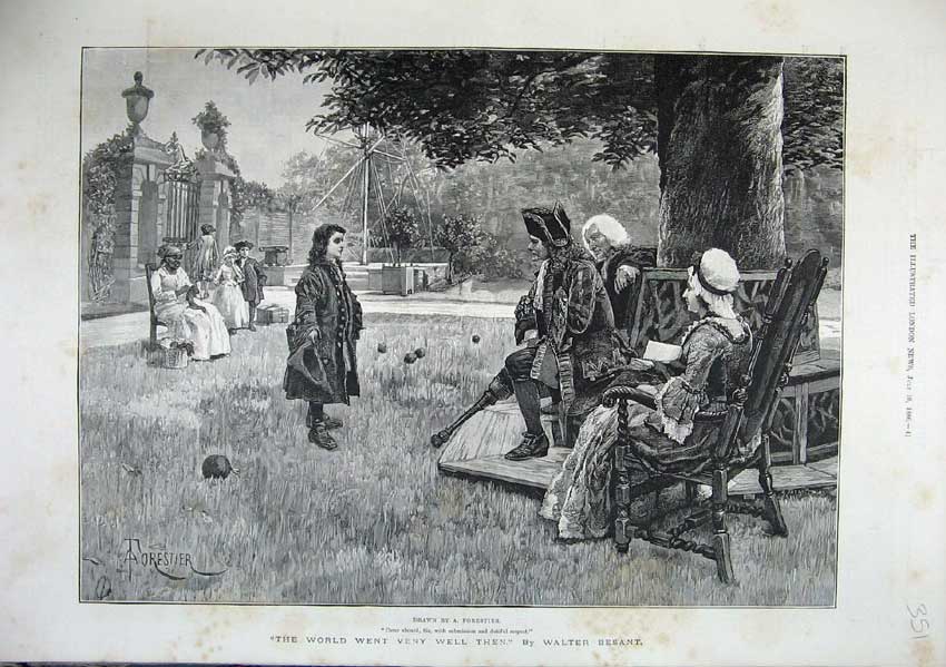 Old Antique Print 1886 Forestier Fine Art Garden People Man Peg-Leg Trees 19th