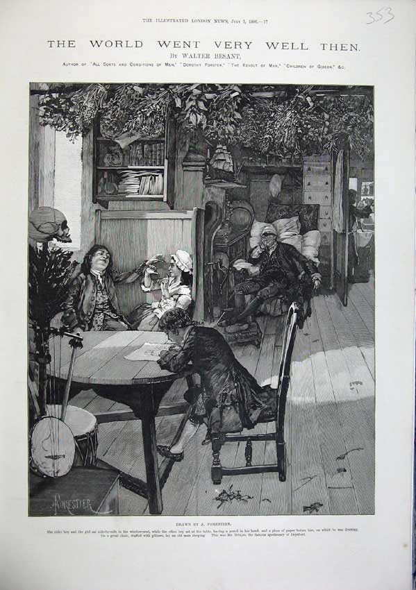 Old Antique Print 1886 Forestier Fine Art Boy Writing Table Music Besant 19th